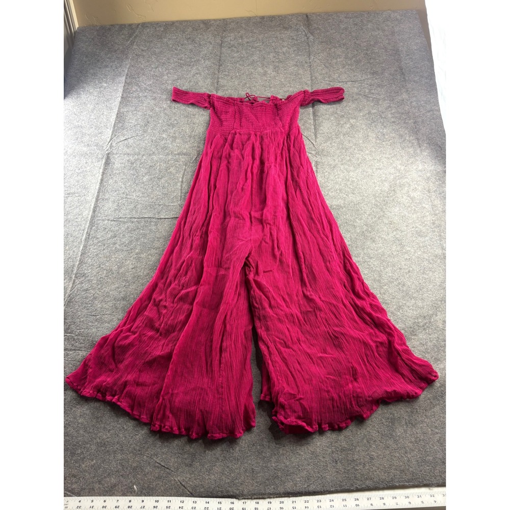 Free People Pink Palazzo Smocked Off Shoulder Wide Leg Jumpsuit XS Boho Coastal